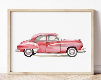 Vintage Elegant Car Print, Retro Car Poster, Automotive Wall Art, Vehicle Prints, Boys Room Wall Art, Kids Room Decor, Watercolor Art
