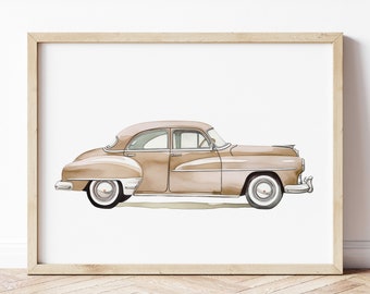 Vintage Beige Elegant Car Print, Retro Car Poster, Automotive Wall Art, Vehicle Prints, Boys Room Wall Art, Kids Room Decor, Watercolor Art