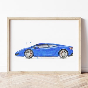 Sports Car Blue Print, Racing Car Print, Race Car Poster, Car Wall Art, Vehicle Prints, Boys Room Wall Art, Kids Room Decor, Watercolor Art