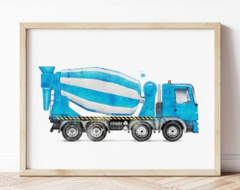 Cement Mixer Print, Cement Truck Poster, Cement Mixer Wall Art, Construction Prints, Boys Room Wall Art, Kids Room Decor, Watercolor Art