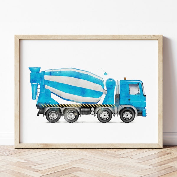 Cement Mixer Print, Cement Truck Poster, Cement Mixer Wall Art, Construction Prints, Boys Room Wall Art, Kids Room Decor, Watercolor Art