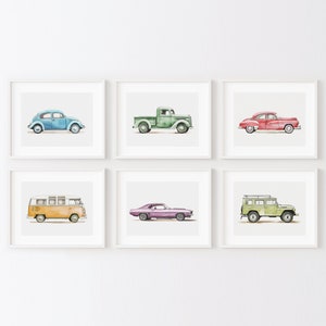 6er-Set Vintage Fahrzeugdrucke, Retro-Autodrucke für Jungen, Transportmittel, Jungenzimmerwandkunst, Kinderzimmerdekor, Aquarellkunst