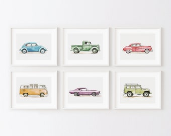 Set of 6 Vintage Vehicle Prints, Retro Car Prints For Boys, Transportation Wall Art, Boys Room Wall Art, Kids Room Decor, Watercolor Art