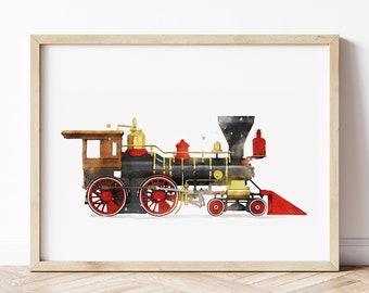 Impresión de locomotora, impresión de tren, arte de la pared del tren, cartel del tren de vapor, impresión de transporte, arte de la pared de la habitación de los niños, decoración de la habitación de los niños, arte de la acuarela