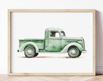 Vintage Truck Car Print, Retro Car Poster, Automotive Wall Art, Vehicle Prints, Boys Room Wall Art, Kids Room Decor, Watercolor Art
