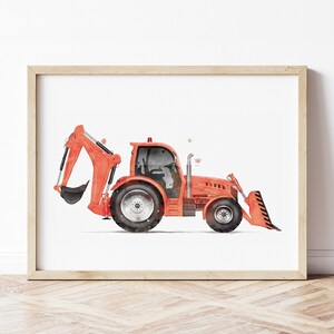 May include: A watercolor illustration of an orange excavator with a black bucket. The excavator is on a white background.