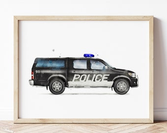 Impression pick-up de police, affiche de voiture de police, art mural voiture de police, automobile, impressions de véhicules, art mural chambre de garçons, décoration de chambre d'enfants, aquarelle