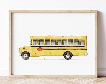 School Bus Print, Bus Poster, Yellow Bus Print, Automotive Wall Art, Vehicle Prints, Boys Room Wall Art, Kids Room Decor, Watercolor Art