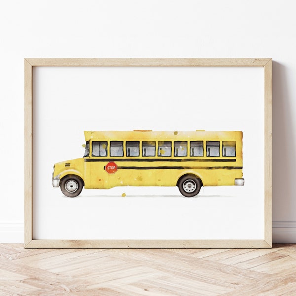 School Bus Print, Bus Poster, Yellow Bus Print, Automotive Wall Art, Vehicle Prints, Boys Room Wall Art, Kids Room Decor, Watercolor Art