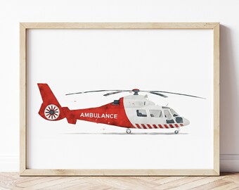 May include: A watercolor painting of a red and white helicopter with the word "AMBULANCE" printed on the side. The helicopter has a red tail with a white star.