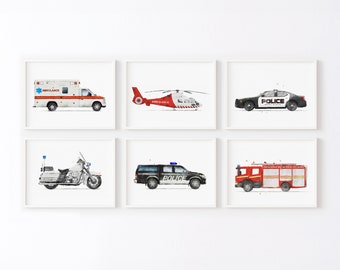 Set of 6 Rescue Vehicle Prints, Car Prints For Boys Room, Transportation Wall Art, Boys Room Wall Art, Kids Room Decor, Watercolor Art