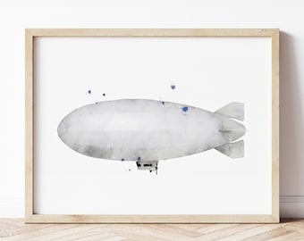 Airship Print, Zeppelin Poster, Blimp Print, Aviation Wall Art, Vehicle Prints, Boys Room Wall Art, Kids Room Decor, Watercolor Art