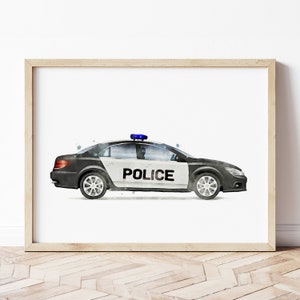 Impresión de coche de policía, cartel de coche de policía, arte de la pared del coche de policía, automoción, impresiones de vehículos, arte de la pared de la habitación de los niños, decoración de la habitación de los niños, arte de la acuarela
