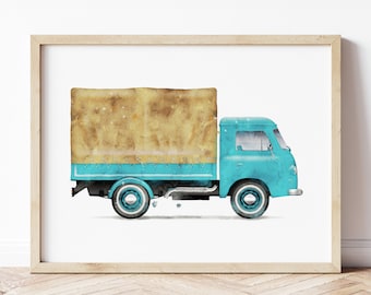 Retro Truck Print, Vintage Truck Poster, Automotive Wall Art, Vehicle Prints, Boys Room Wall Art, Kids Room Decor, Watercolor Art