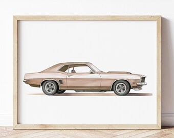 Vintage Beige Sport Car Print, Retro Car Poster, Automotive Wall Art, Vehicle Prints, Boys Room Wall Art, Kids Room Decor, Watercolor Art