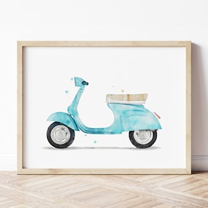 Impressão de scooter, pôster de motocicleta, arte de parede de moto, impressões de veículos, arte de parede de quarto de meninos, decoração de quarto de criança, arte em aquarela