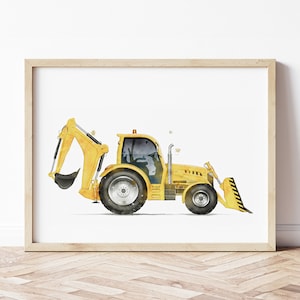 May include: A watercolor painting of a yellow excavator with a black bucket. The excavator is on a white background.
