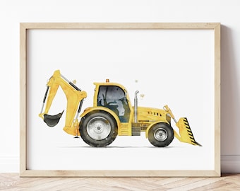 Backhoe Print, Backhoe Loader Poster, Digger Wall Art, Construction Prints, Boys Room Wall Art, Kids Room Decor, Watercolor Art