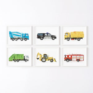 Set of 6 Vehicle Art, Kids Gallery Wall Set, Truck Wall Art, Transportation Print Nursery, Watercolor Painting, Truck Prints