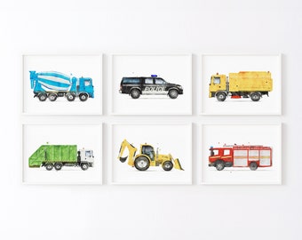 Set of 6 Vehicle Art, Kids Gallery Wall Set, Truck Wall Art, Transportation Print Nursery, Watercolor Painting, Truck Prints