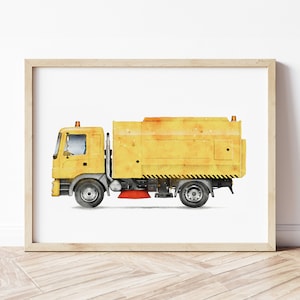 Impression de camion balayeuse, affiche de voiture utilitaire, art mural balayeur de rue, impressions de véhicules, art mural chambre de garçons, décoration de chambre d&#39;enfants, aquarelle