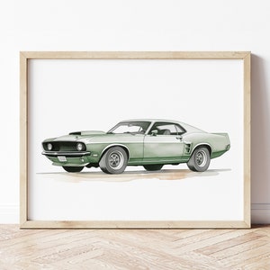 Classic Sage Green Sport Car Print, Retro Car Poster, Automotive Art, Vehicle Prints, Boys Room Wall Art, Kids Room Decor, Watercolor Art