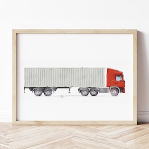 Containerlastbilstavla, Containerlastbilsaffisch, Transportväggkonst, Fordonstryck, Väggkonst för pojkrum, Barnrumsdekor, Akvarellkonst