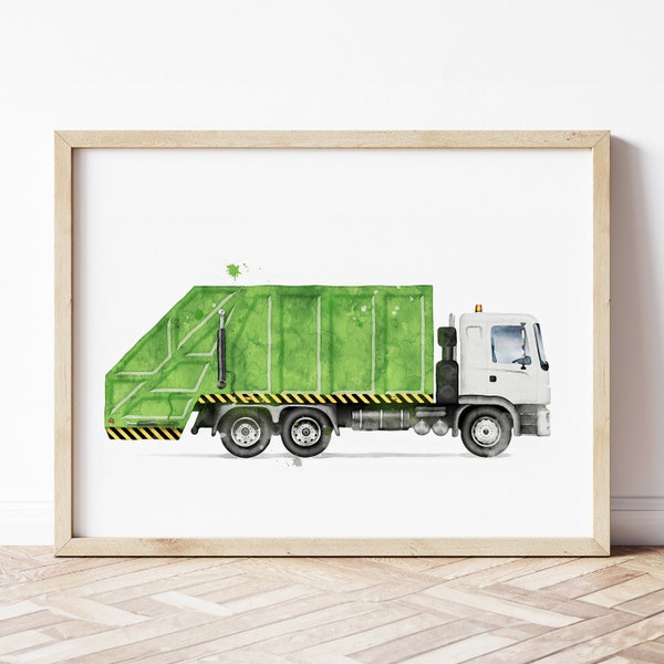 Garbage Truck Print, Garbage Truck Poster, Utility Vehicle Wall Art, Vehicle Prints, Boys Room Wall Art, Kids Room Decor, Watercolor Art