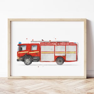 Feuerwehrauto Druck, Feuerwehrauto Poster, Feuerwehrauto Wandkunst, Fahrzeug Drucke, Jungenzimmer Wandkunst, Kinderzimmer Dekor, Aquarell Kunst
