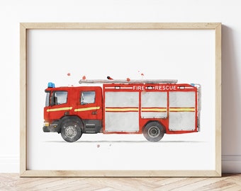 Fire Rescue Truck Print, Fire Truck Poster, Fire Engine Wall Art, Vehicle Prints, Boys Room Wall Art, Kids Room Decor, Watercolor Art