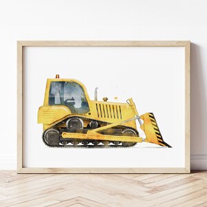 May include: A watercolour illustration of a yellow bulldozer with black tracks and a black and yellow blade. The bulldozer is on a white background.