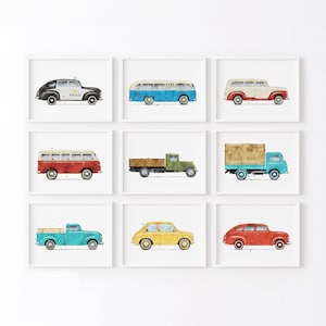Set of 9 Vintage Vehicle Prints, Car Prints For Boys Room, Transportation Wall Art, Boys Room Wall Art, Kids Room Decor, Watercolor Art