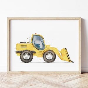 Könnte beinhalten: Ein Aquarellbild eines gelben Baumaschinens mit einem schwarz-gelb gestreiften Schaufel. Das Fahrzeug befindet sich auf einem weißen Hintergrund.