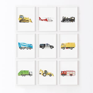 Set of 9 Vehicle Vertical Art, Kids Gallery Wall Set, Truck Wall Art, Transportation Print Nursery, Watercolor Painting, Truck Prints