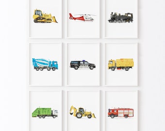 Lot de 9 oeuvres d'art verticales de véhicule, ensemble mural de galerie d'enfants, art mural de camion, impression de transport pour chambre d'enfant, aquarelle, impressions de camion
