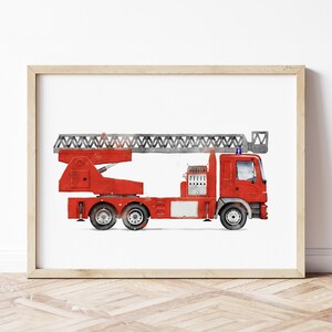 Impresión de escalera de camión de bomberos, cartel de camión de bomberos, arte de pared de camión de bomberos, impresiones de vehículos, arte de pared de habitación para niños, decoración de habitación para niños, arte de acuarela