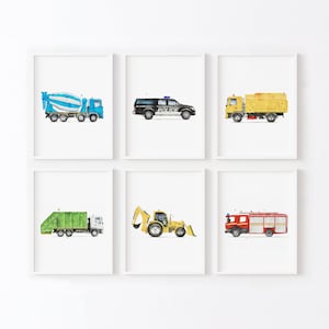 Set of 6 Vehicle Vertical Art, Kids Gallery Wall Set, Truck Wall Art, Transportation Print Nursery, Watercolor Painting, Truck Prints