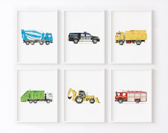 Set of 6 Vehicle Vertical Art, Kids Gallery Wall Set, Truck Wall Art, Transportation Print Nursery, Watercolor Painting, Truck Prints