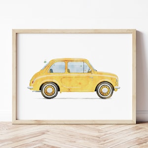 Vintage Yellow Car Print, Retro Car Poster, Automotive Wall Art, Vehicle Prints, Boys Room Wall Art, Kids Room Decor, Watercolor Art