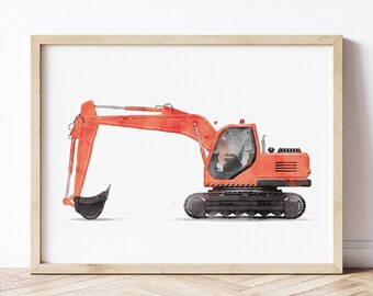Red Excavator Print, Red Digger Poster, Digger Wall Art, Construction Prints, Boys Room Wall Art, Kids Room Decor, Watercolor Art