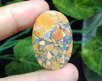 May include: A close-up of a yellow, orange, and gray cabochon gemstone with a speckled pattern. The gemstone is oval-shaped and has a smooth, polished surface.