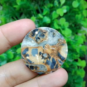 Puede incluir: Una piedra redonda, plana y pulida con un patrón único de remolinos marrones, negros y blancos. La piedra tiene un aspecto natural y orgánico.