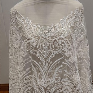 3D Beaded White heavy Sequin bead Lace White Lace Fabric, for Bridal Wedding Dress, Mesh Embroidery Tulle fabric by the yard