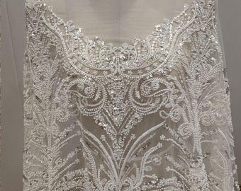 3D Beaded White heavy Sequin bead Lace White Lace Fabric, for Bridal Wedding Dress, Mesh Embroidery Tulle fabric by the yard