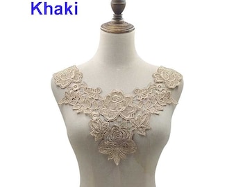 Cuello de encaje vintage blanco roto, aplique de encaje bordado de una pieza, para aplique de boda, aplique de velo para tocado de novia