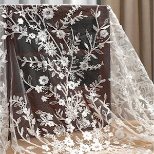 Embroidery Sequin Beads  Lace Fabric for Bridal Wedding Dress, Mesh Embroidery Tulle flower applique fabric by the yard