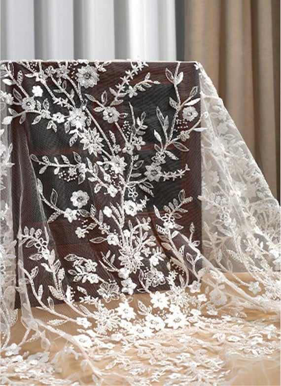 Fabric By The Yard Blush Beaded Lace Floral Flowers Sequin