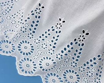 Scalloped Cotton Floral Fabric, Off White Eyelet Trim Fabric, Vintage Style Embroidery Bridal Wedding Gown Fabric