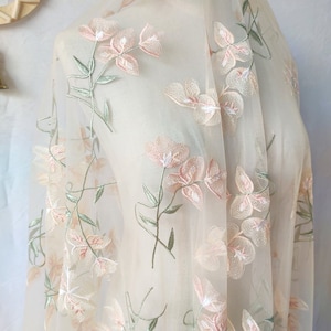 pink tulle  apricot  flower green leaf embroidery fabric,For Girl Dress Tutu Dress Wedding Dress Bridal Veil 1 Yard