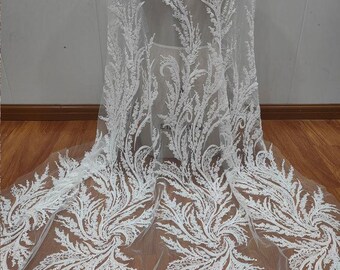Tela de bordado de encaje con cuentas blancas Tela de encaje nupcial floral blanca, Tela de encaje para vestido de novia de graduación, Encaje de velo cortado a medida